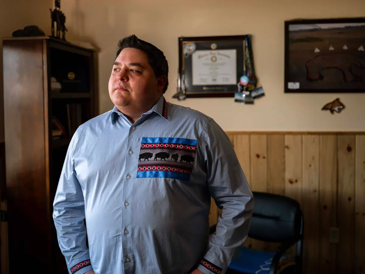 Hall, the school’s president, on the campus of Blackfeet Community College in Browning, Montana (Credit:Rebecca Stumpf for ProPublica)