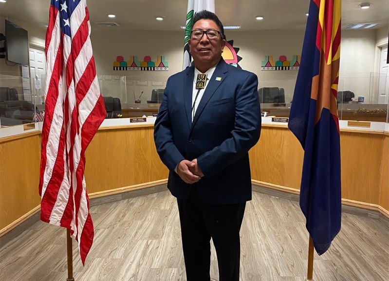 Hopi Tribal Chairman Timothy Nuvangyaoma in tribal offices. "We're always looking at what can be done in the darkest situations. We're used to that. With a little bit of light, we'll still move forward with development," he says about the tribe's energy projects despite federal funding cuts. (Photo: LinkedIn)
