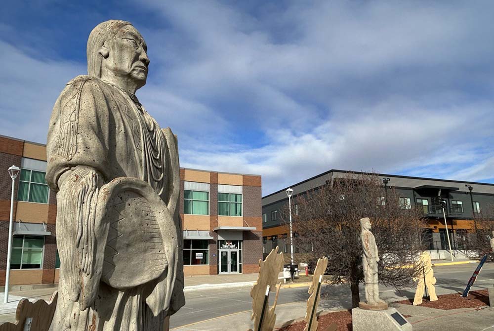 A sculpture garden honoring the historic clans of the Winnebago Tribe is a centerpiece of Ho-Chunk’s planned walkable community, Ho-Chunk Village. (Paul Hammel/Nebraska Examiner)