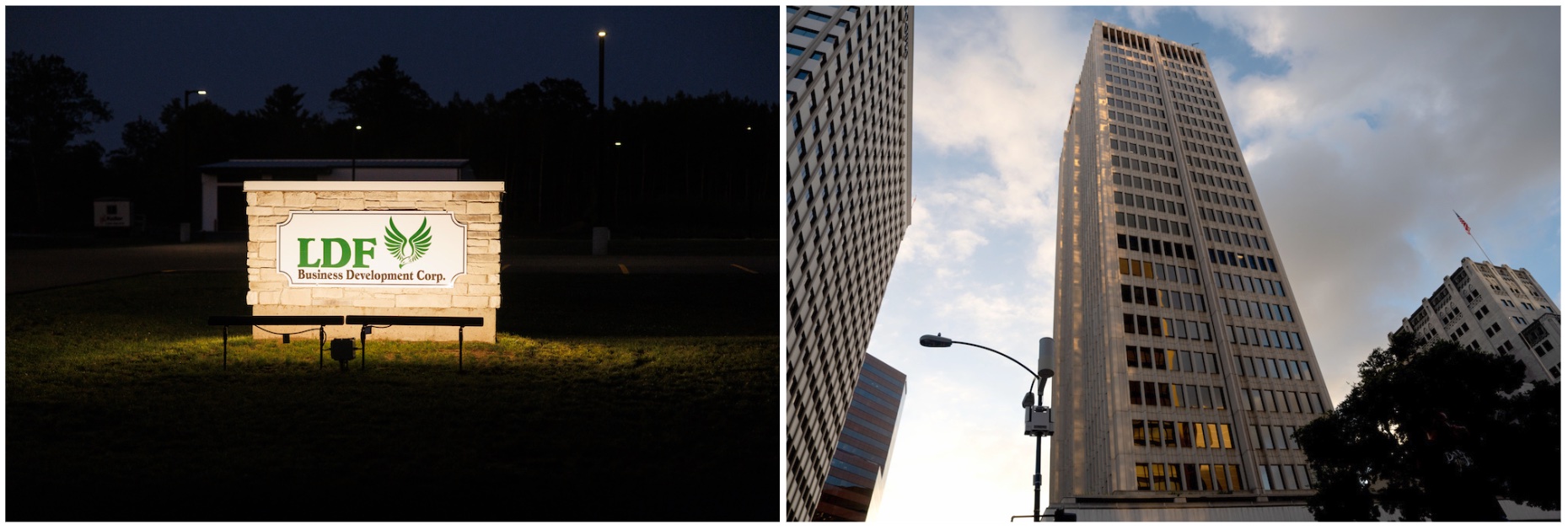 First image: The Lac du Flambeau Business Development Corporation in Wisconsin. Second image: The office building where RIVO Holdings operates in San Diego. (Credit: First image: Tim Gruber for ProPublica. Second image: Philip Salata for ProPublica.)