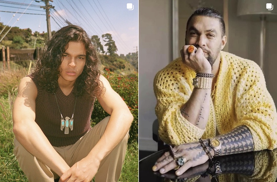 Actor D'Pharaoh Woon-A-Tai (left) and Jason Momoa wear Whirling Log and Arrow jewelry. Zarama's Native celebrity clients have helped spread word about his silverwork through social media and red carpet appearances. (Photos: Instagram)