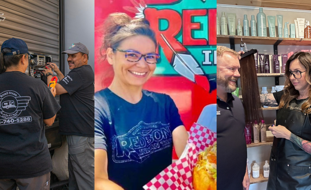 (Left to Right) Rudy Serrano (in the gray cap) works on an RV's electrical system at a client's location. (PHOTO: Danielle Cortez), Kelly Price, owner of Redbone Indian Tacos, Visage Salon Owner Julie Painter (Courtesy photo)